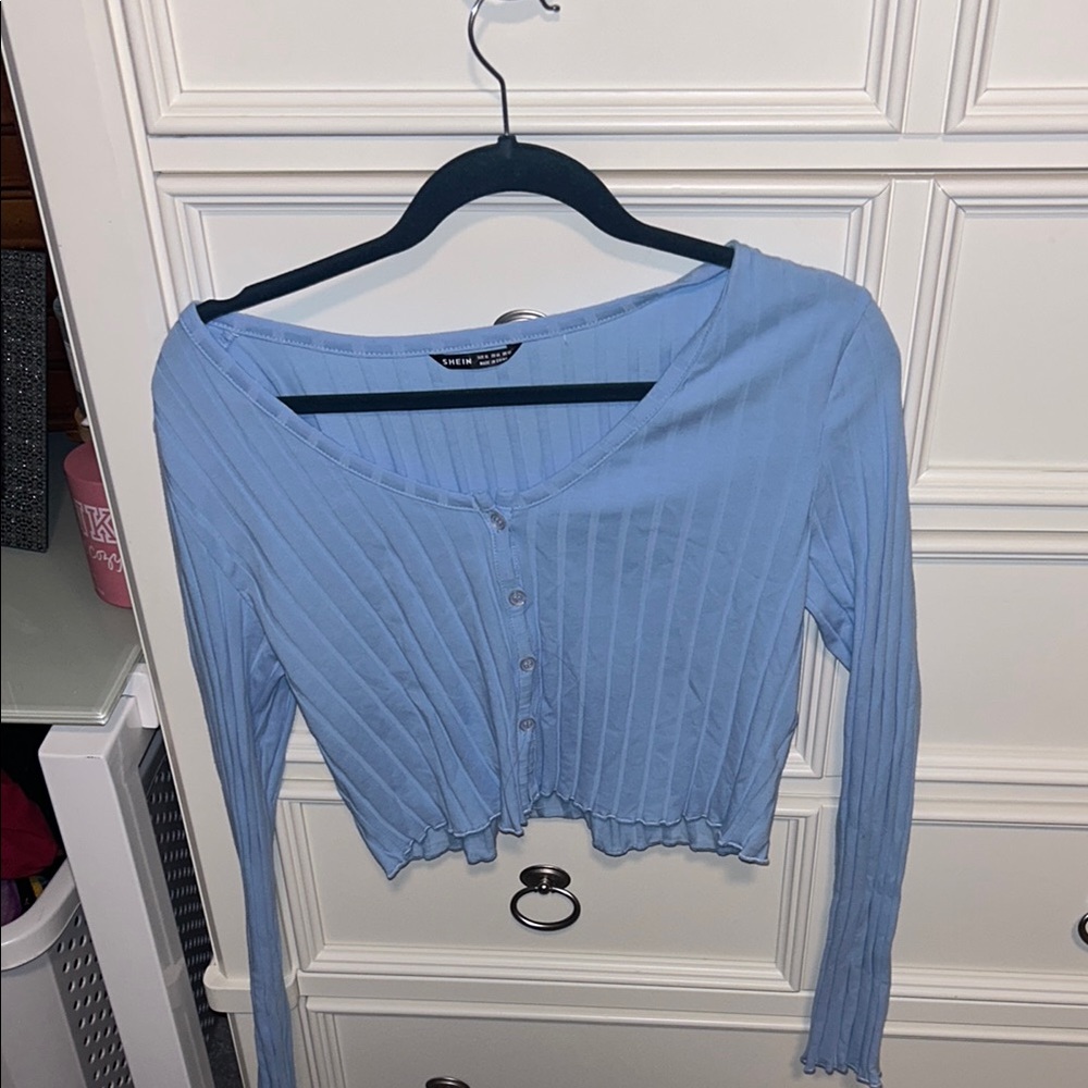 Blue V-Neck Button-Up Ribbed Top